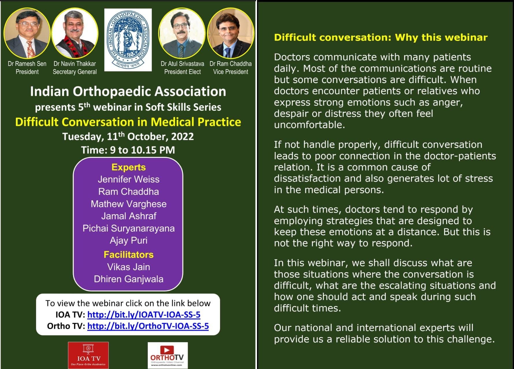 Indian Orthopaedic Association presents 5th webinar in Soft Skills Series - Difficult Conversation in Medical Practice